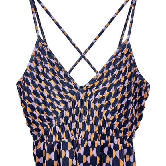 Anthropologie Mesh V-Neck Geometric Print Tank Top Small Navy Peplum Chic - Picture 4 of 7